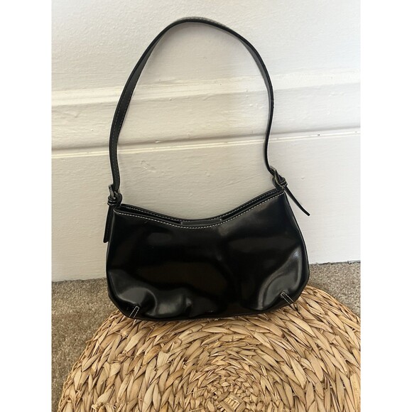 90s Y2K Guess Black Patent Faux Leather Shoulder Mini Handbag Silver Logo - Picture 4 of 6